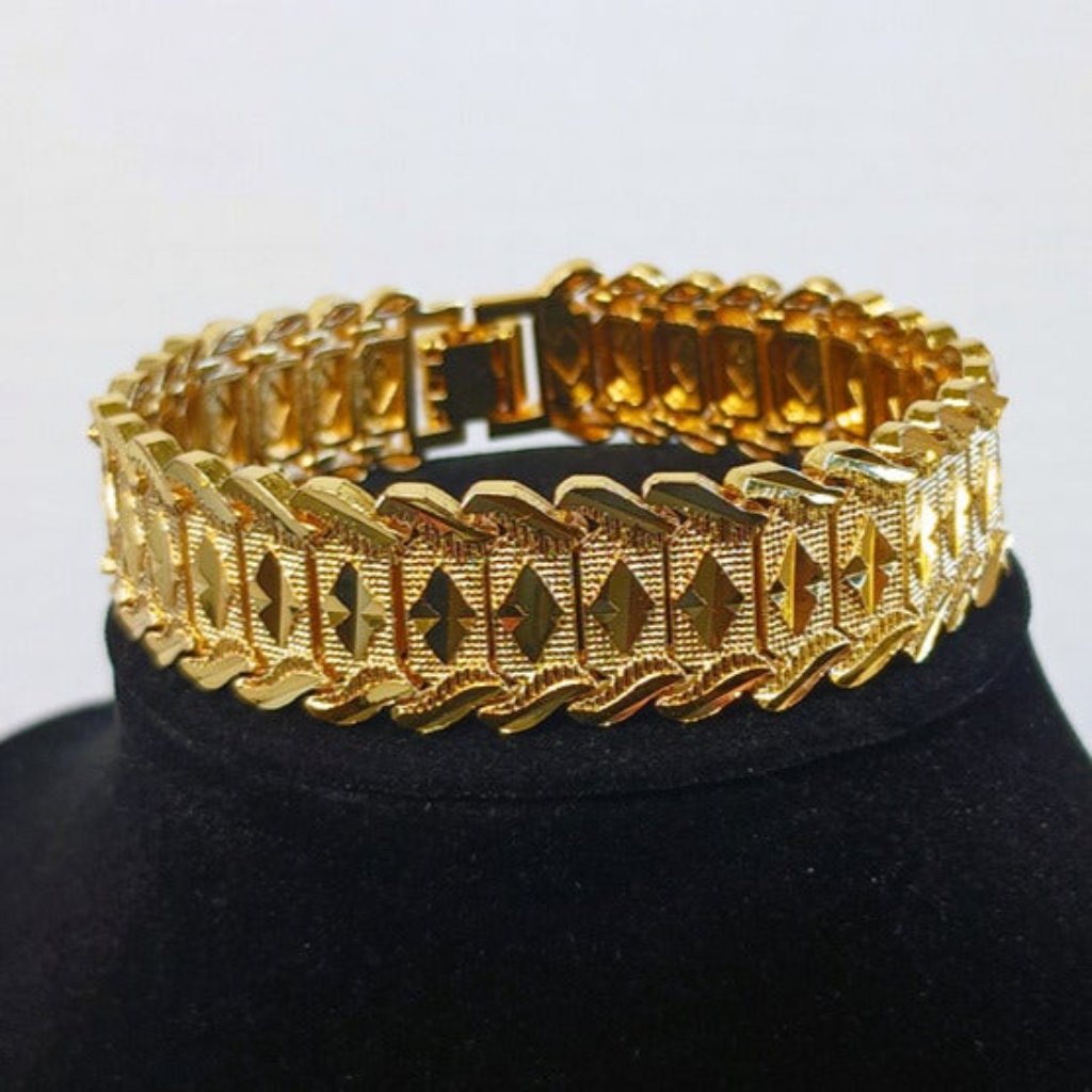 14k Gold Mens Large Etched Diamond Bracelet Guys 14 Karat 8" 8 Inch Size Jewelry